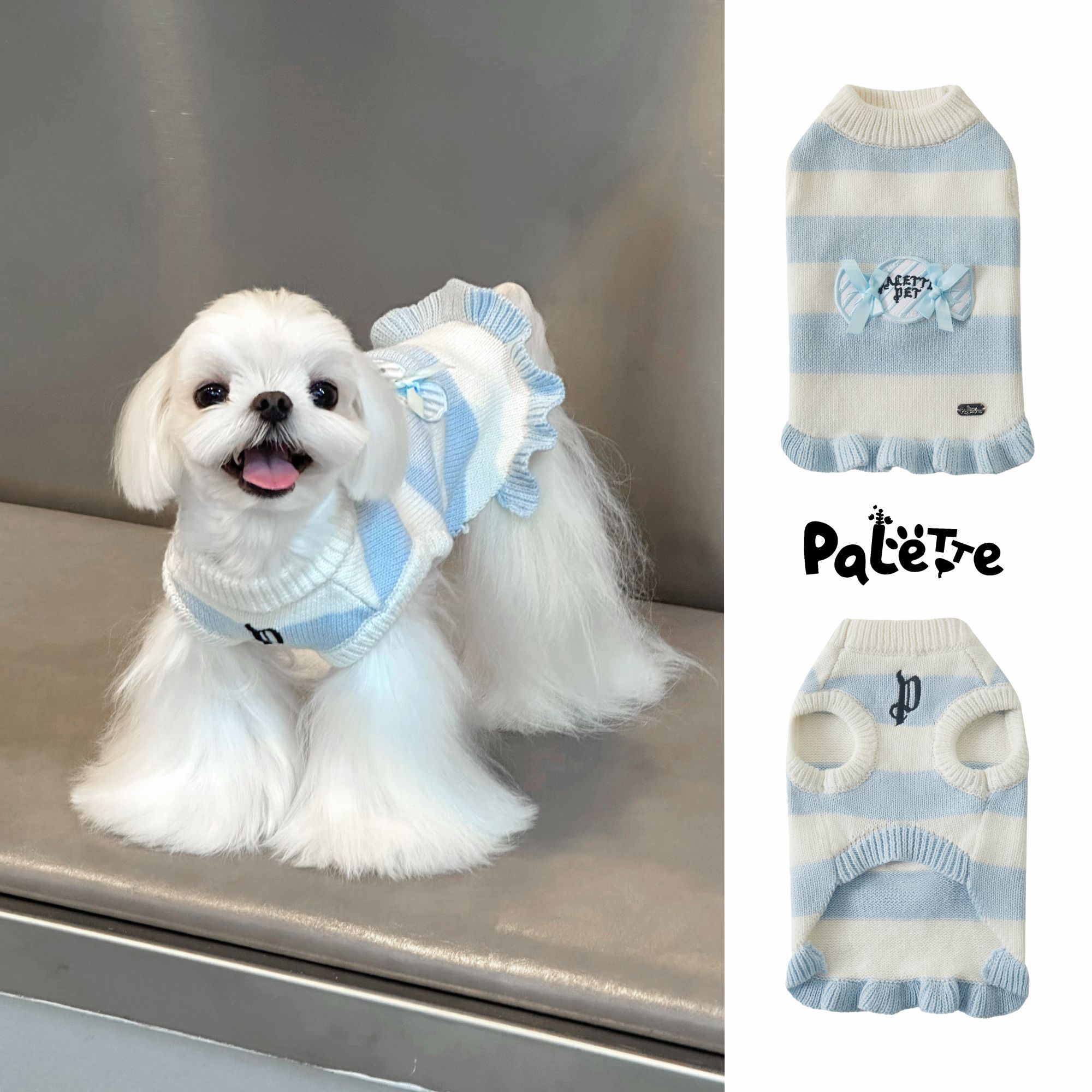 PalettePet秋冬宠物服装猫咪狗狗白蓝条纹糖果贴布花边无袖毛衣