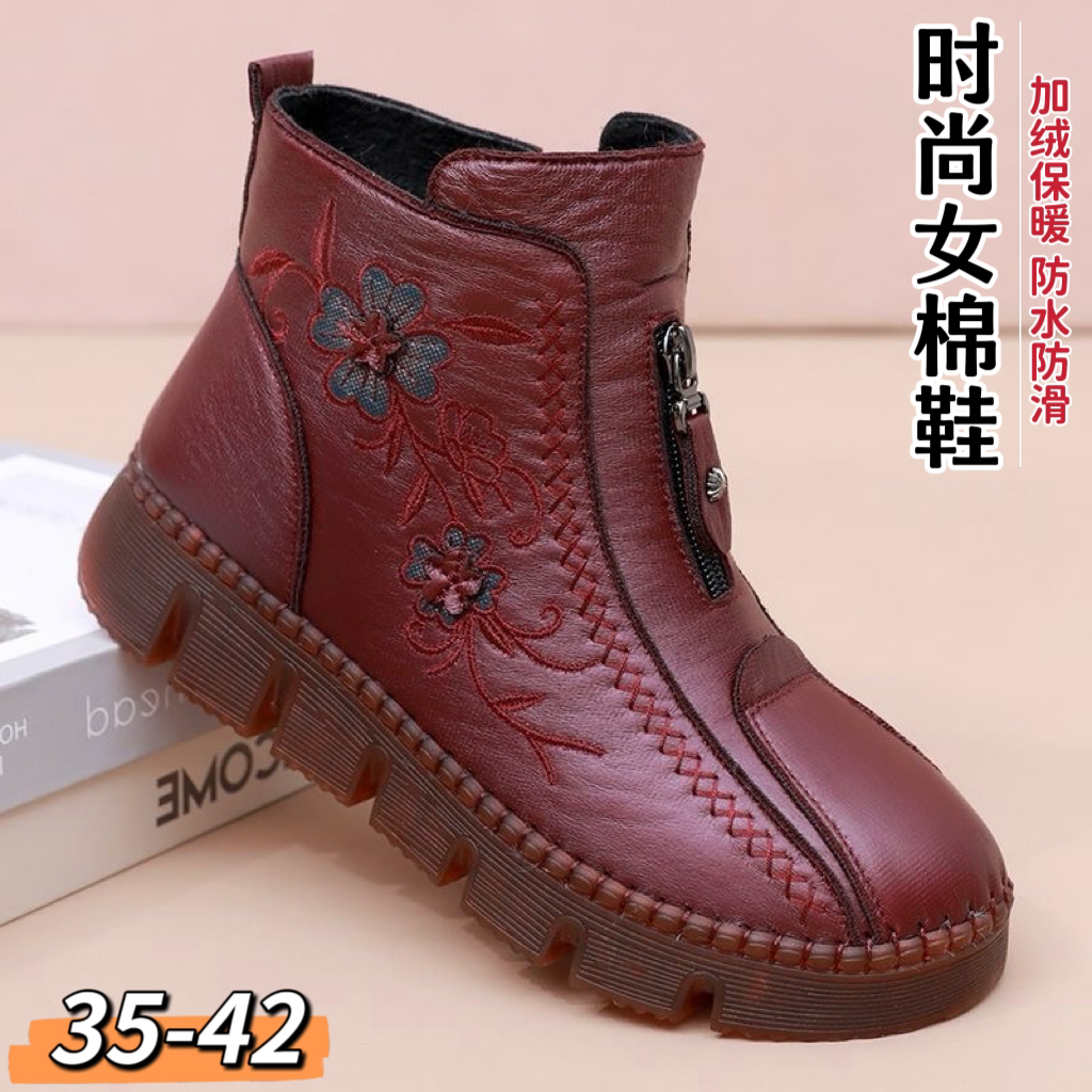 冬季老北京布鞋女靴子加绒保暖防水妈妈棉鞋软底防滑短靴老人棉靴