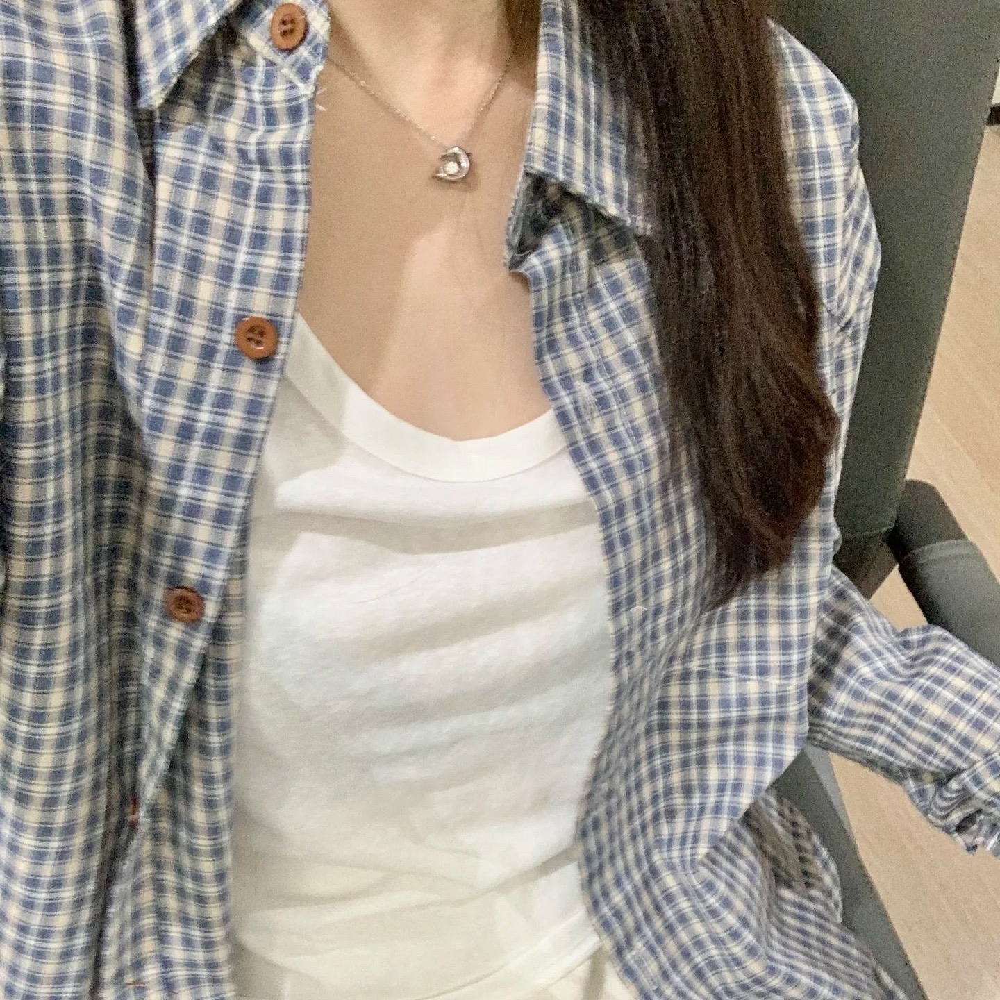 蓝色格子衬衫小外套早春休闲长袖格纹防晒衬衣复古法式上衣女夏季