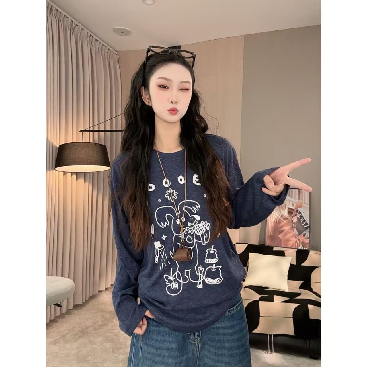 ANGEL HUE-秋冬「 手绘卡通」俏皮减龄慵懒软糯内搭长袖T恤10225