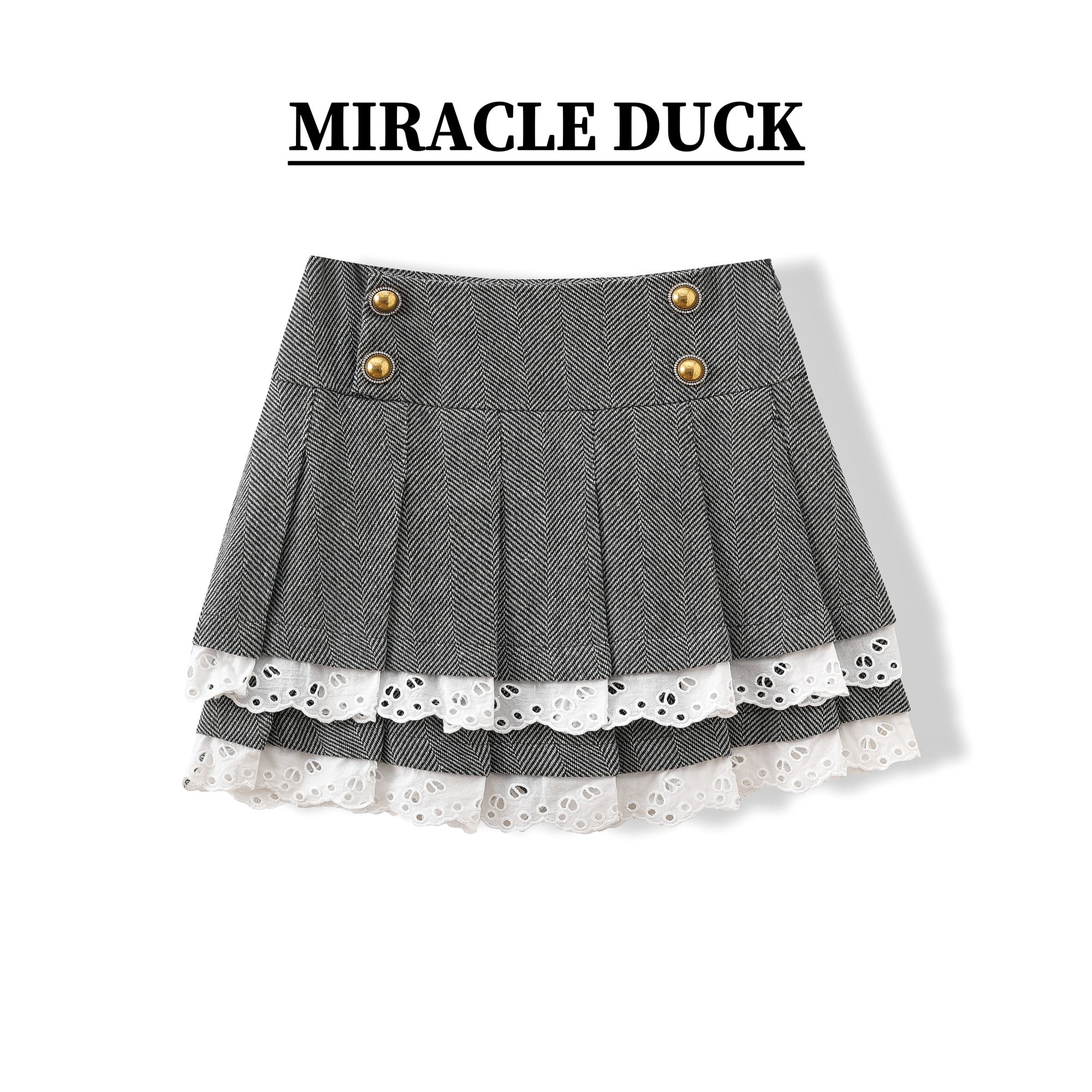 【心动旋律】秋冬气质休闲高腰灰色蕾丝拼接百褶短裙C696-2