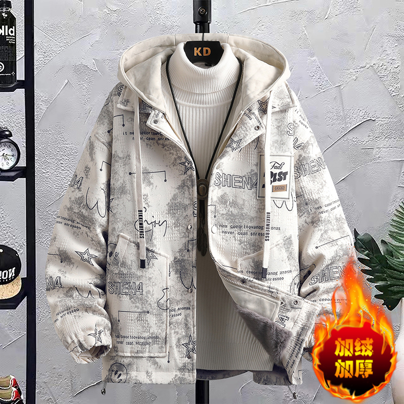 2025冬季新款加绒加厚棉服男士宽松格子帅气青年保暖棉袄潮流外套