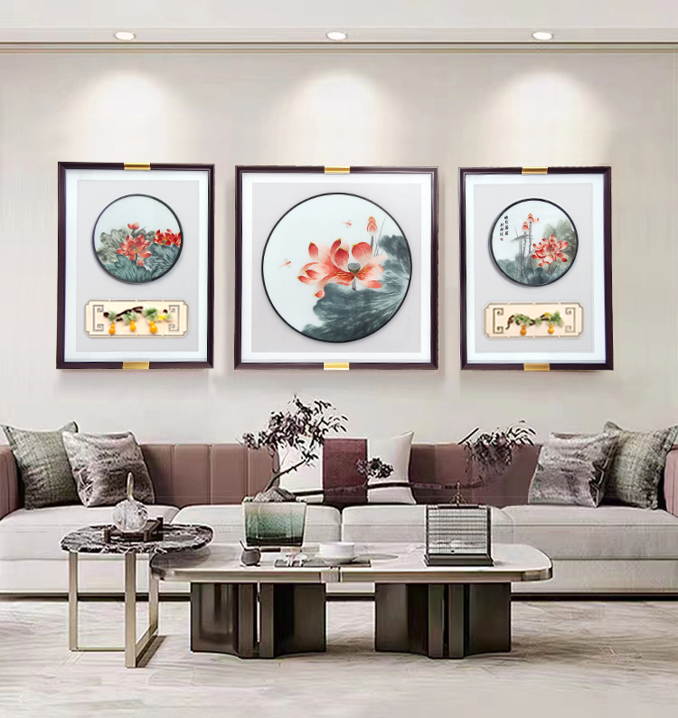 客厅新中式刺绣苏绣装饰画沙发背景墙三联画挂画壁画山水画