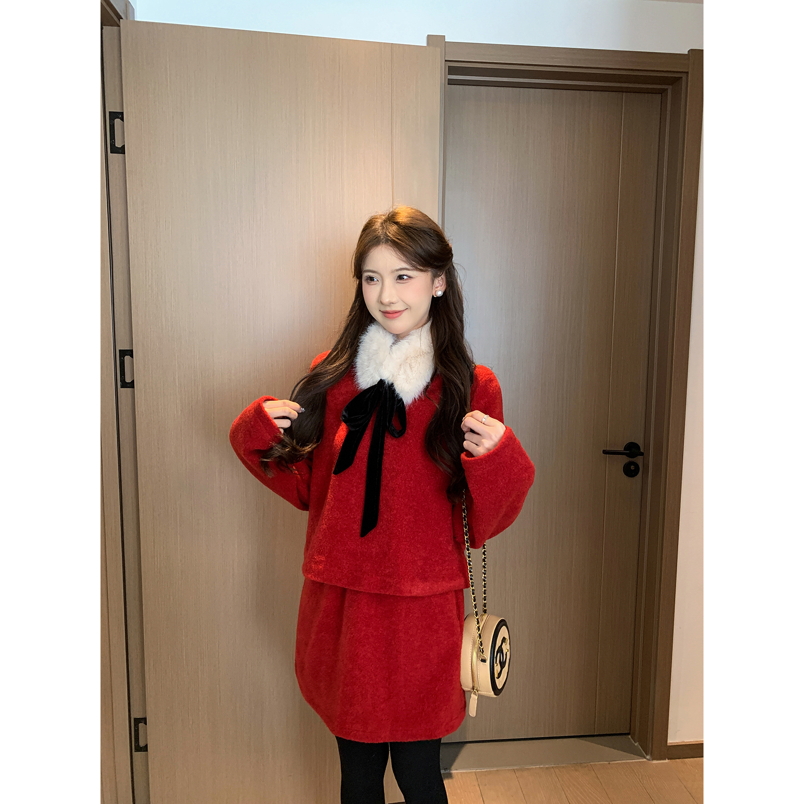 SHAOER【小魔女】韩系时尚环保毛毛领上衣半裙两件套S725Z21834