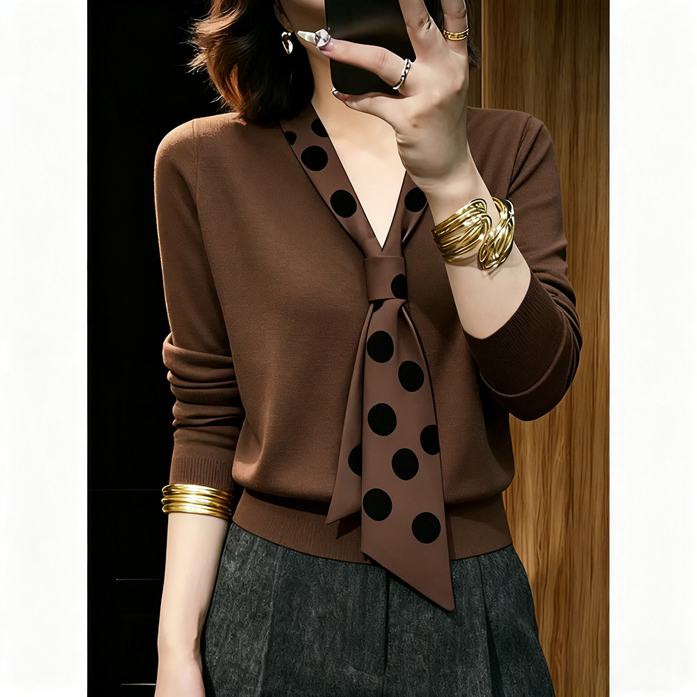 飘带领咖色针织衫女士2025秋冬新款高级感修身显瘦打底衫波点上衣