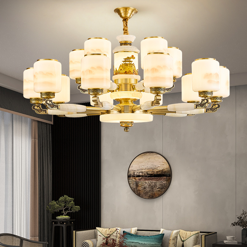 全铜玉石吊灯新中式别墅复式楼挑空大厅大吊灯客厅灯酒店大堂吊灯