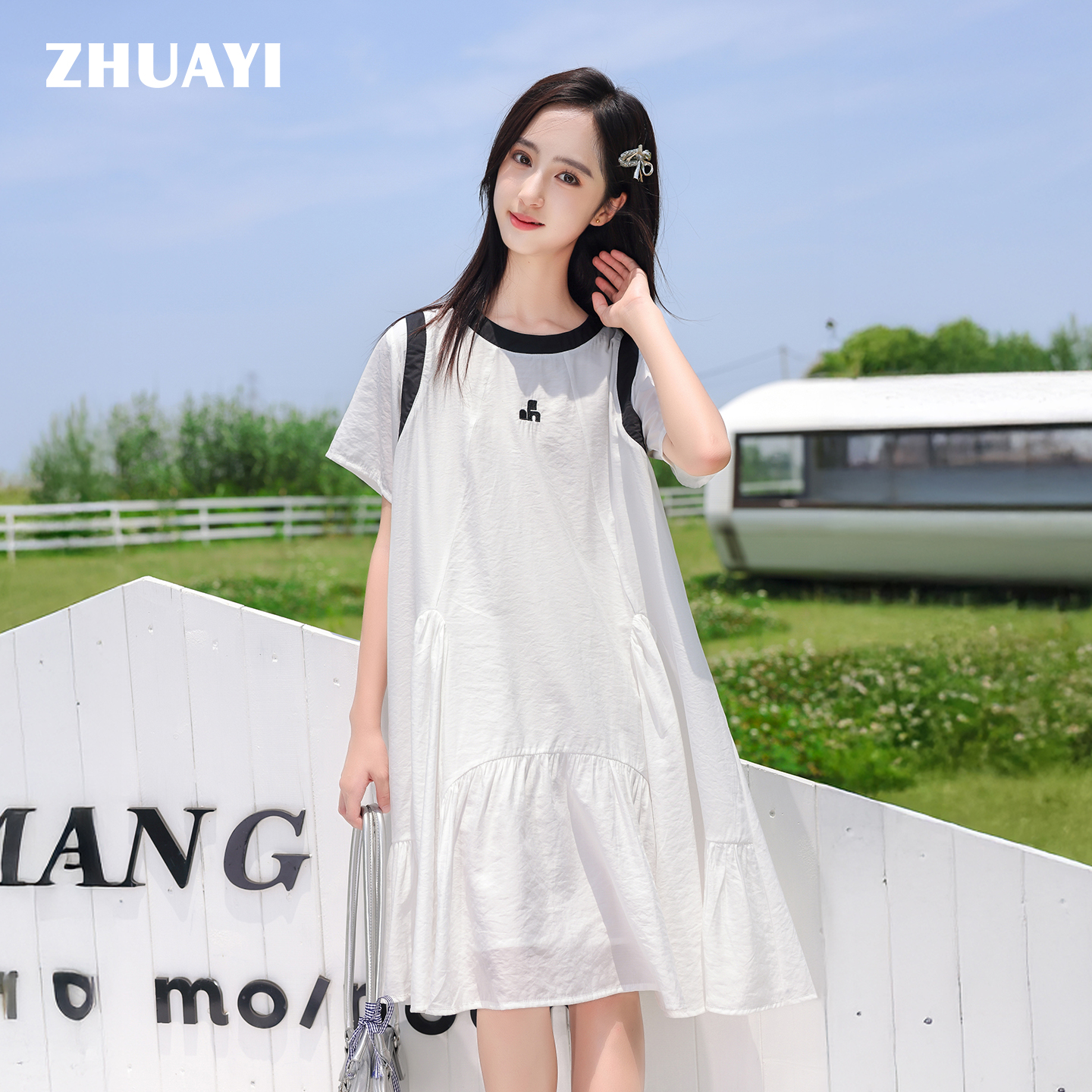 夏季女童连衣裙撞色中裙套头短袖甜美荷叶边A字公主裙（25222337）9
