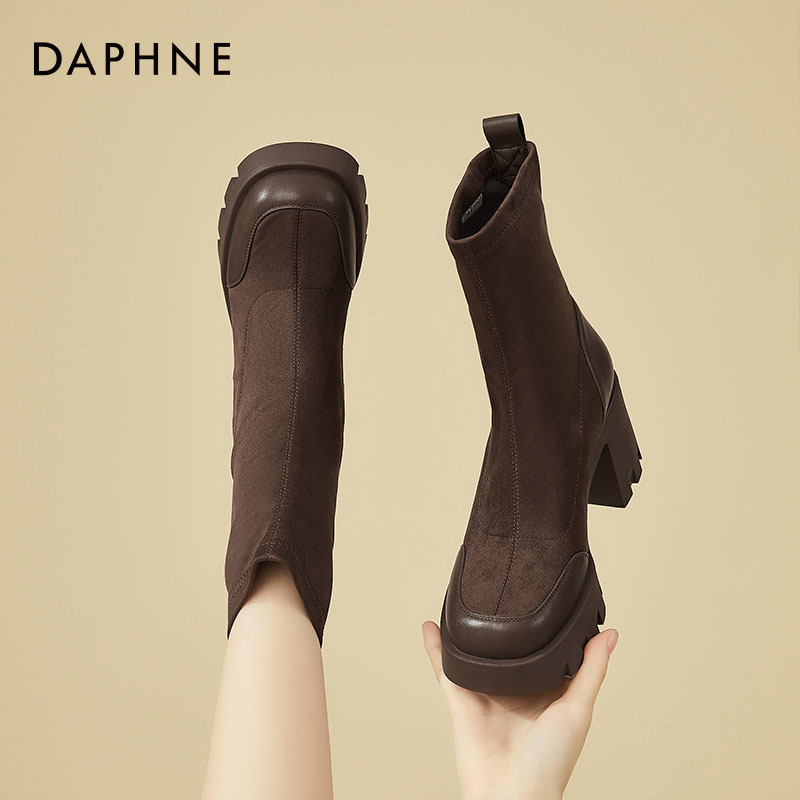 达芙妮洋气瘦瘦靴女2025秋季新款单靴黑色高跟短靴厚底粗跟马丁靴