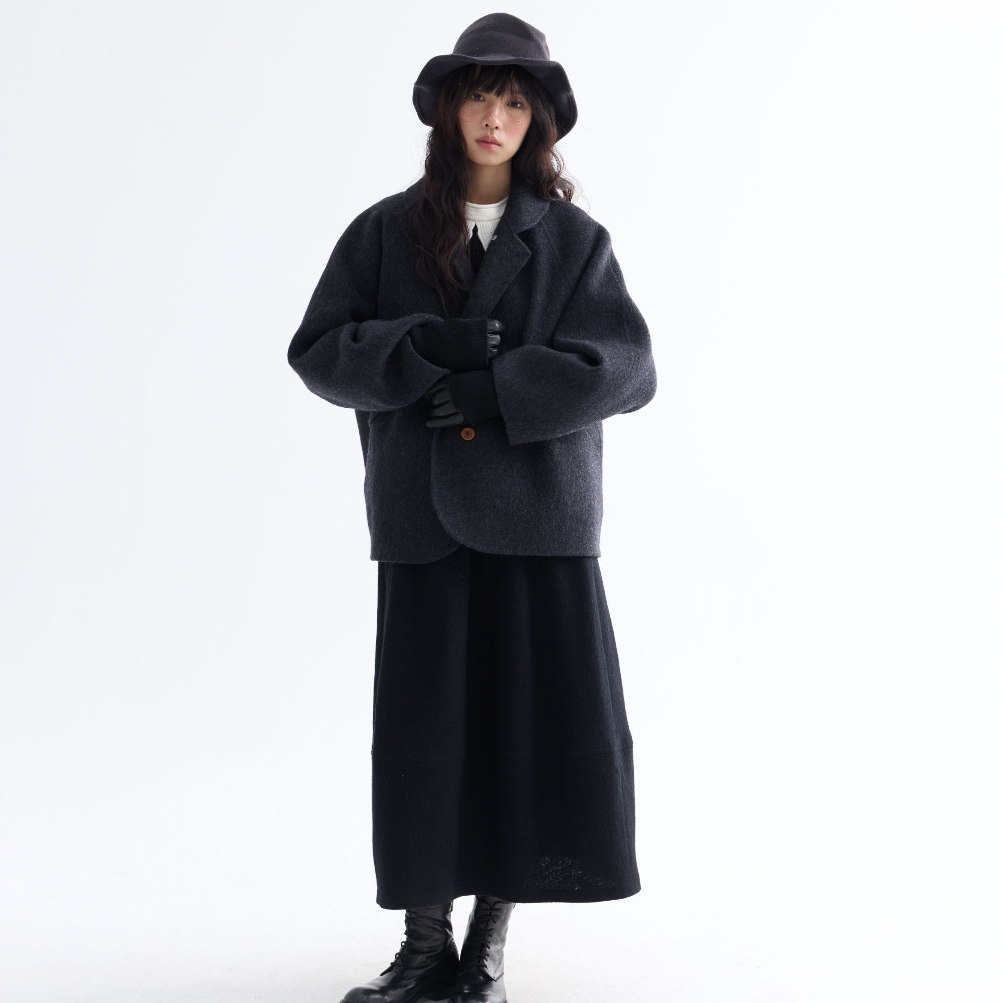 「白描工作间」"温岛七公里"甄选绵羊毛宽松茧型花苞针织半身裙子