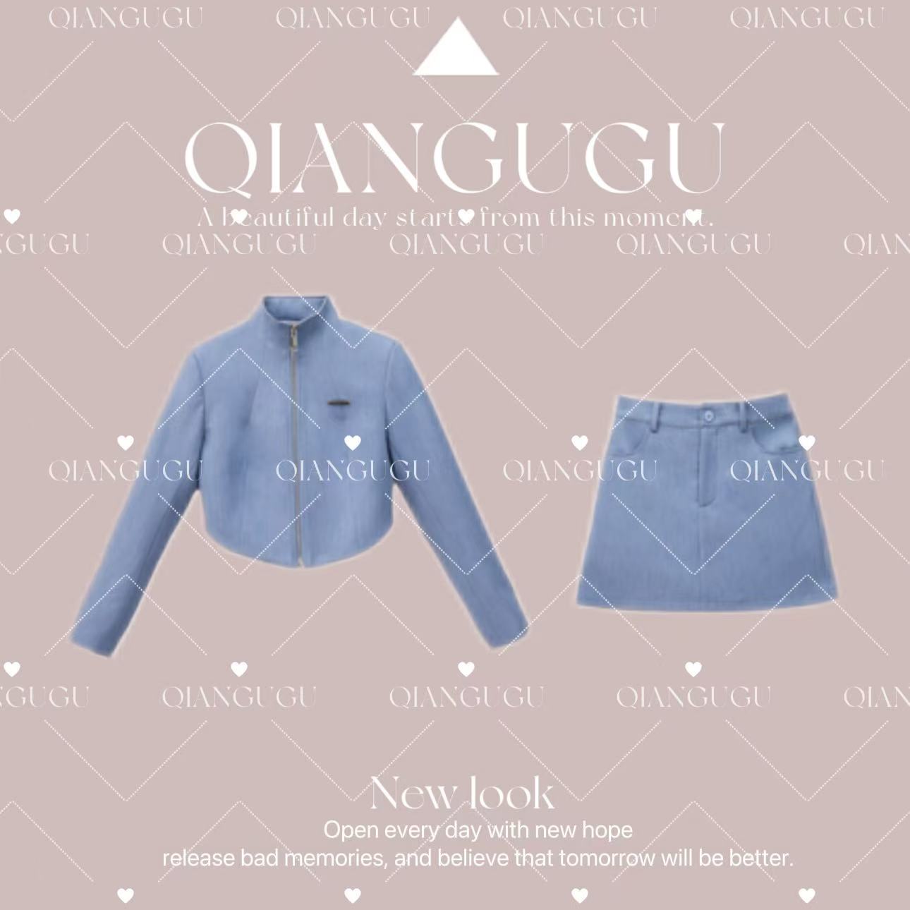 【海阔天空】新款韩版时尚牛仔立领短款外套显瘦半裙套装HKTK060