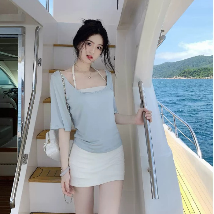 清爽感云朵慵懒宽松五分袖短袖挂脖胸垫背心包臀半裙