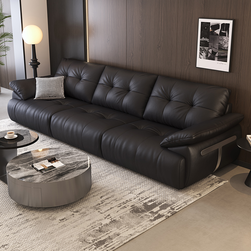 黑色面包云朵真皮沙发大小户型轻奢现代简约直排皮艺沙发头层皮