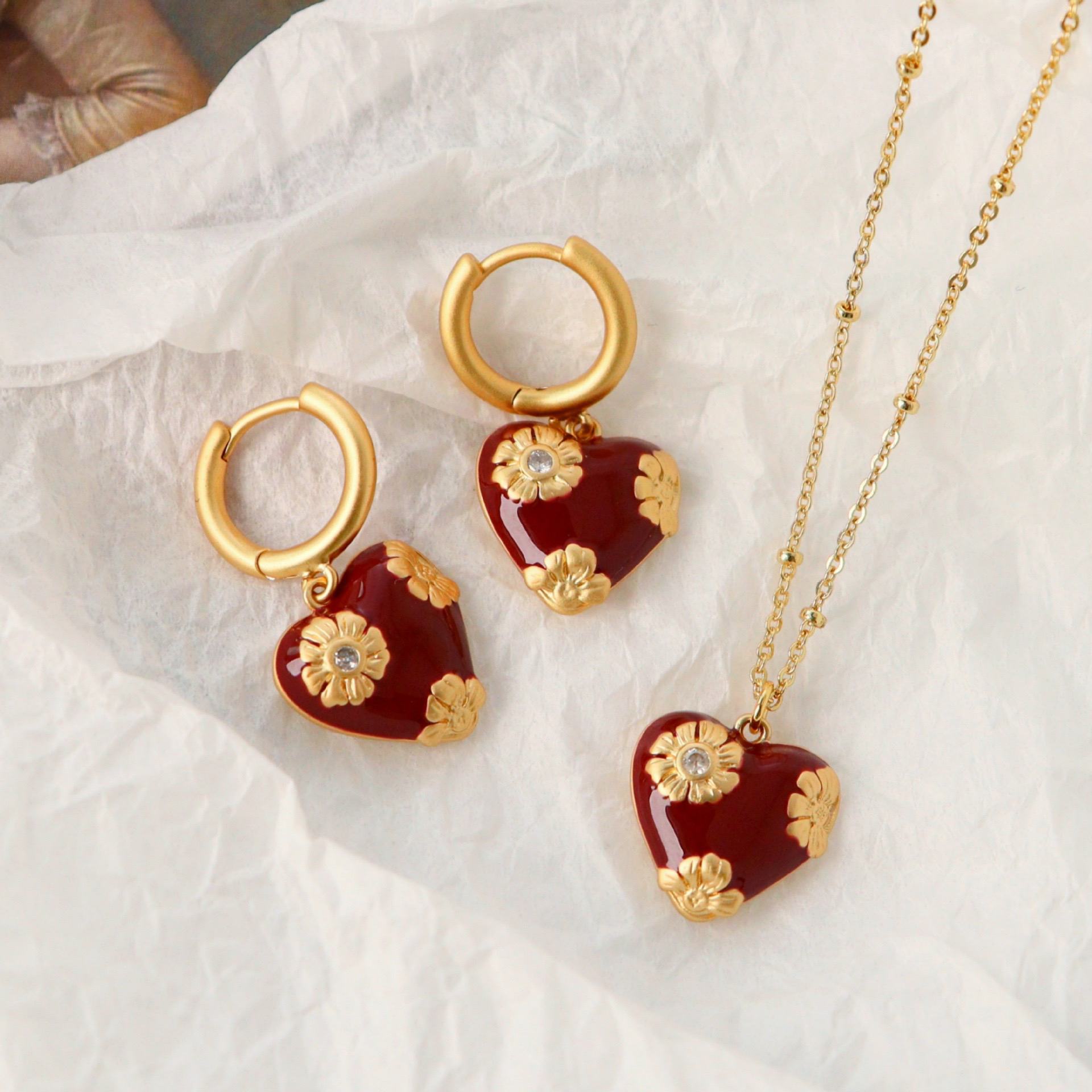 铜合金项链 红色滴油爱心项链套装