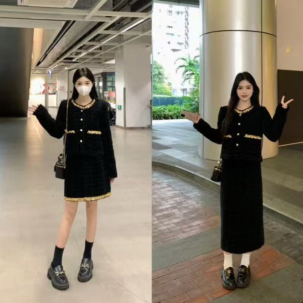 2025冬新款大码女装小香风套装女短外套气质名媛半身裙两件套2035