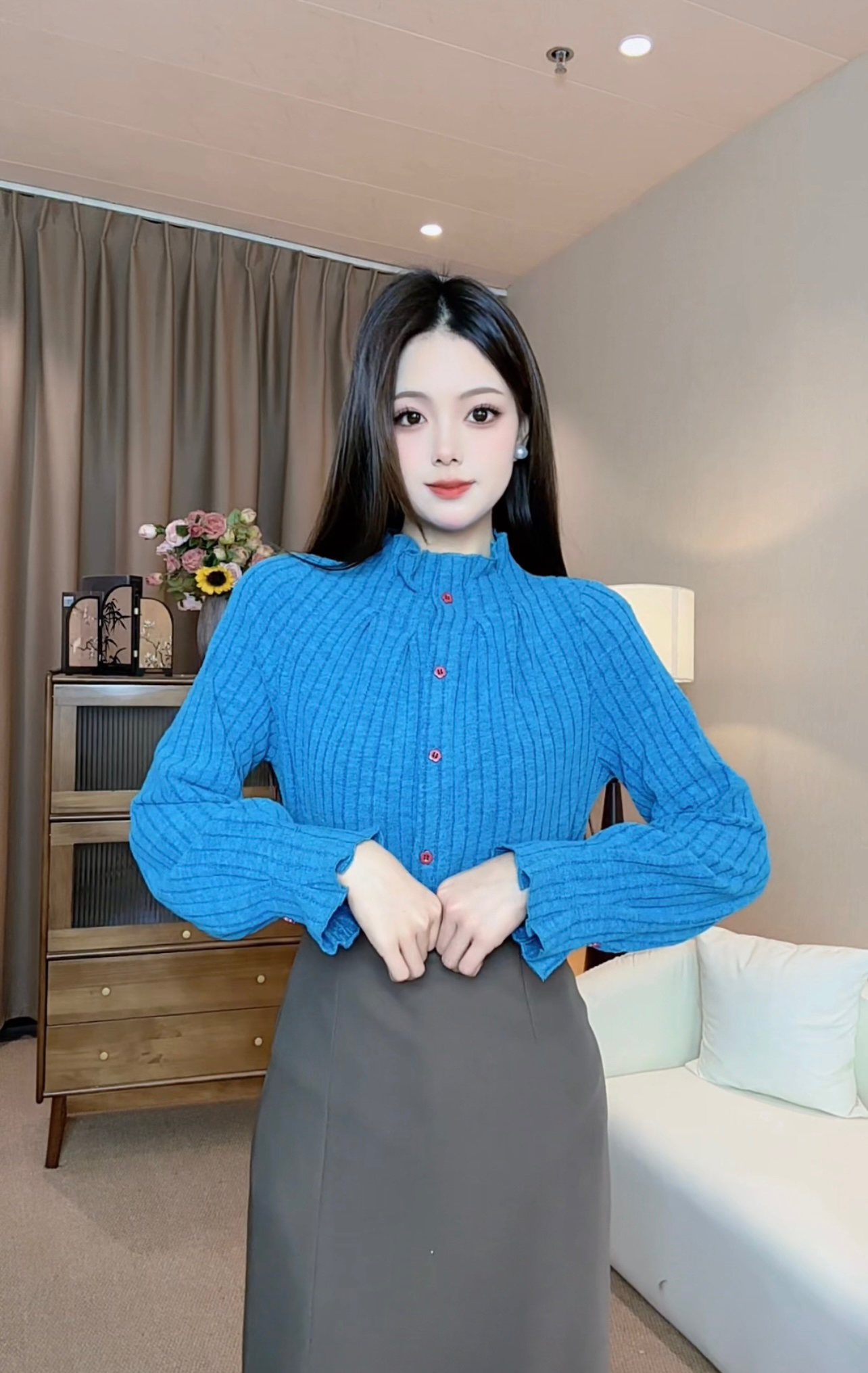 蓝色内搭长袖衬衫女冬2025冬季新款立领叠穿衬衣打底衫可外穿上衣