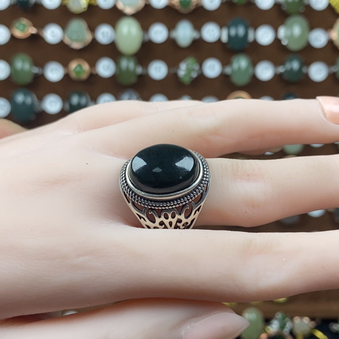 和田玉（青玉）戒指银S925镶嵌