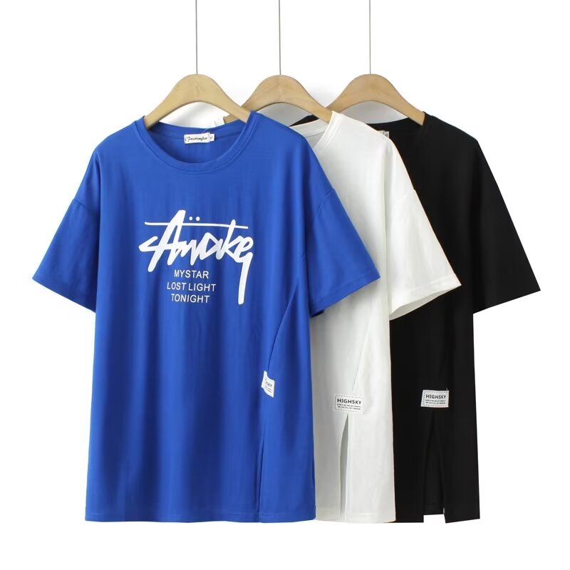 XLD319字母印花侧开叉圆领短袖T恤大码女装休闲潮流运动上衣百搭