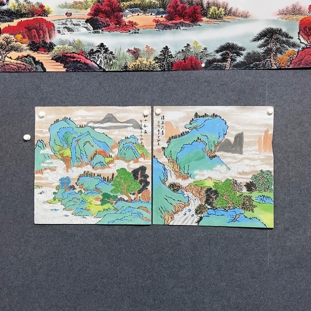 国画四尺斗方两幅山水