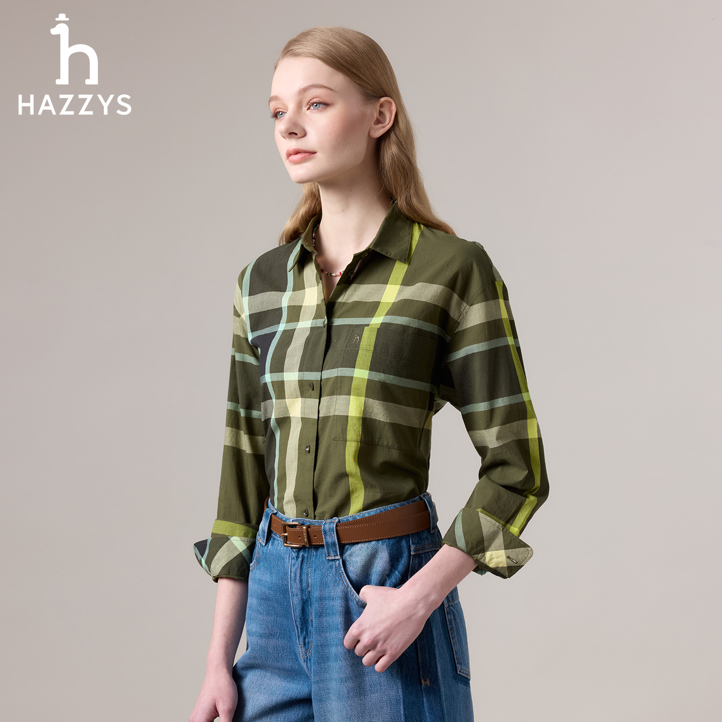 【商场同款】HAZZYS哈吉斯秋季格纹长袖衬衫经典撞色休闲格子衬衣