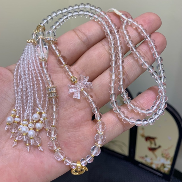 【双a净体】天然白水晶珠链唐卡佛牌九尾狐万能链百搭毛衣链流苏4mm