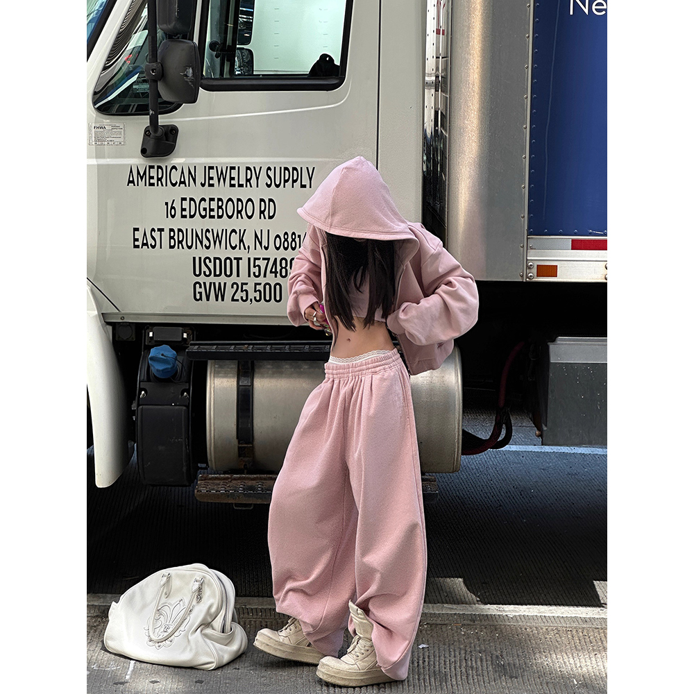 宽松休闲长袖卫衣外套女+宽松显瘦阔腿卫裤套装清冷系禅意衣服女