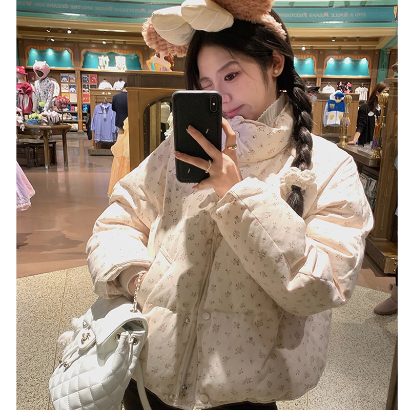 韩系小碎花短款棉服女2025冬季新款加厚立领加厚面包服外套棉衣