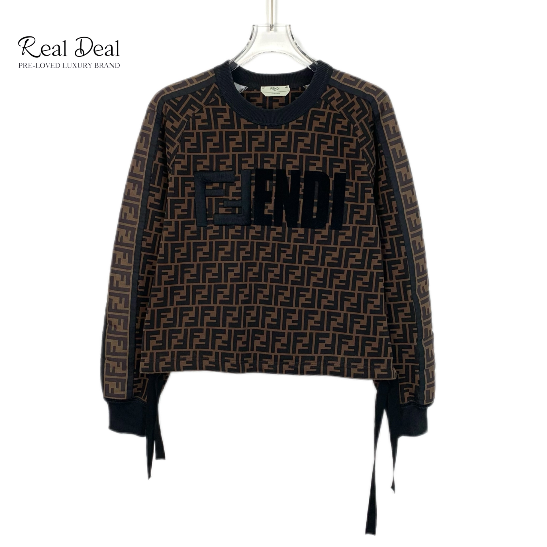 95新 FENDI/芬迪 H13829 深棕色logo字母满印棉质圆领长袖卫衣