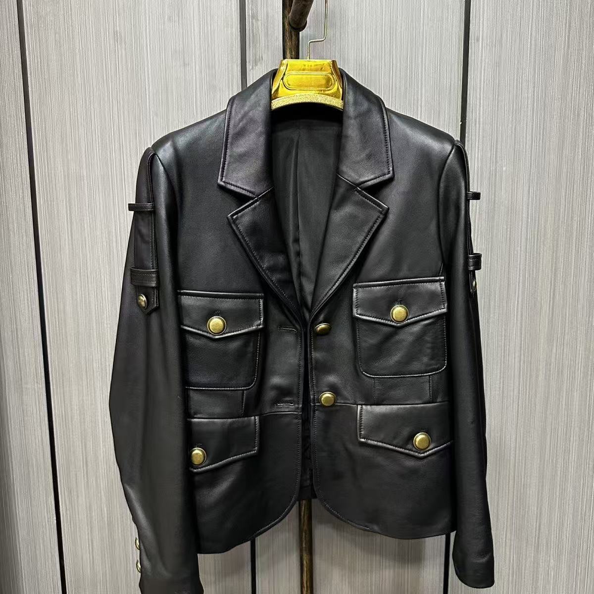 2025春秋9983时尚真皮绵羊皮修身百搭外套上衣黑色短款