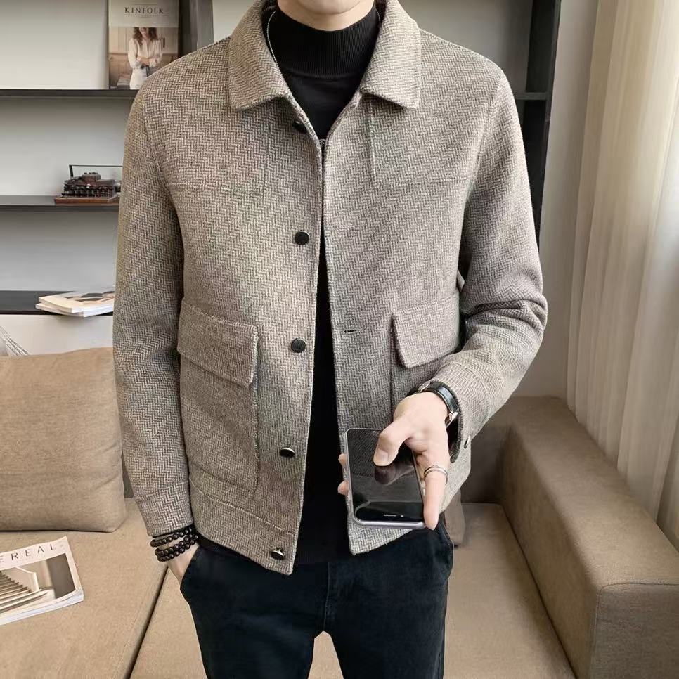 宽松型呢子大衣男士男士毛呢毛呢外套夹克大衣男士秋冬人字纹款