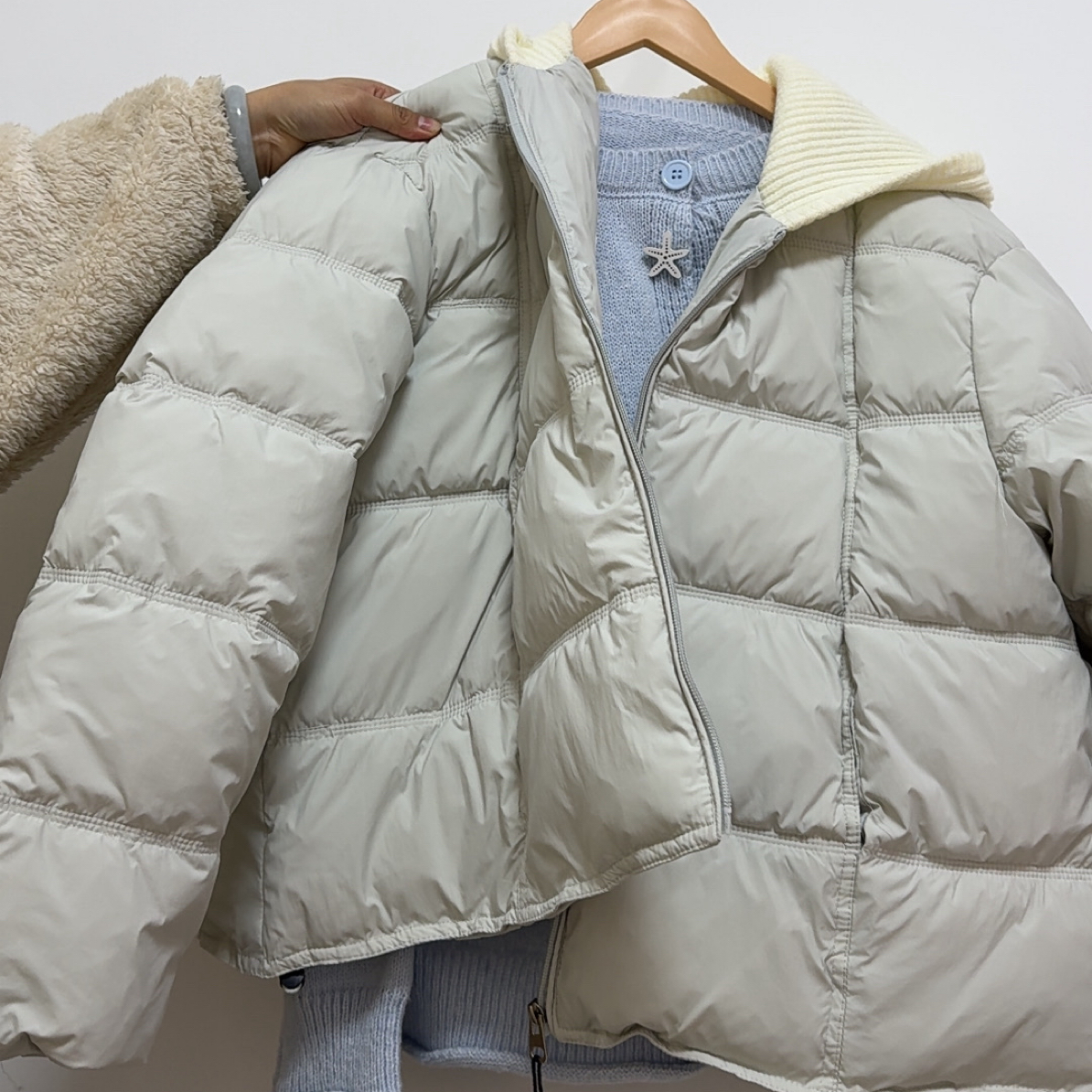 【拼接针织帽棉服】可爱蛋糕少女甜美毛绒绒奶黄加厚棉服