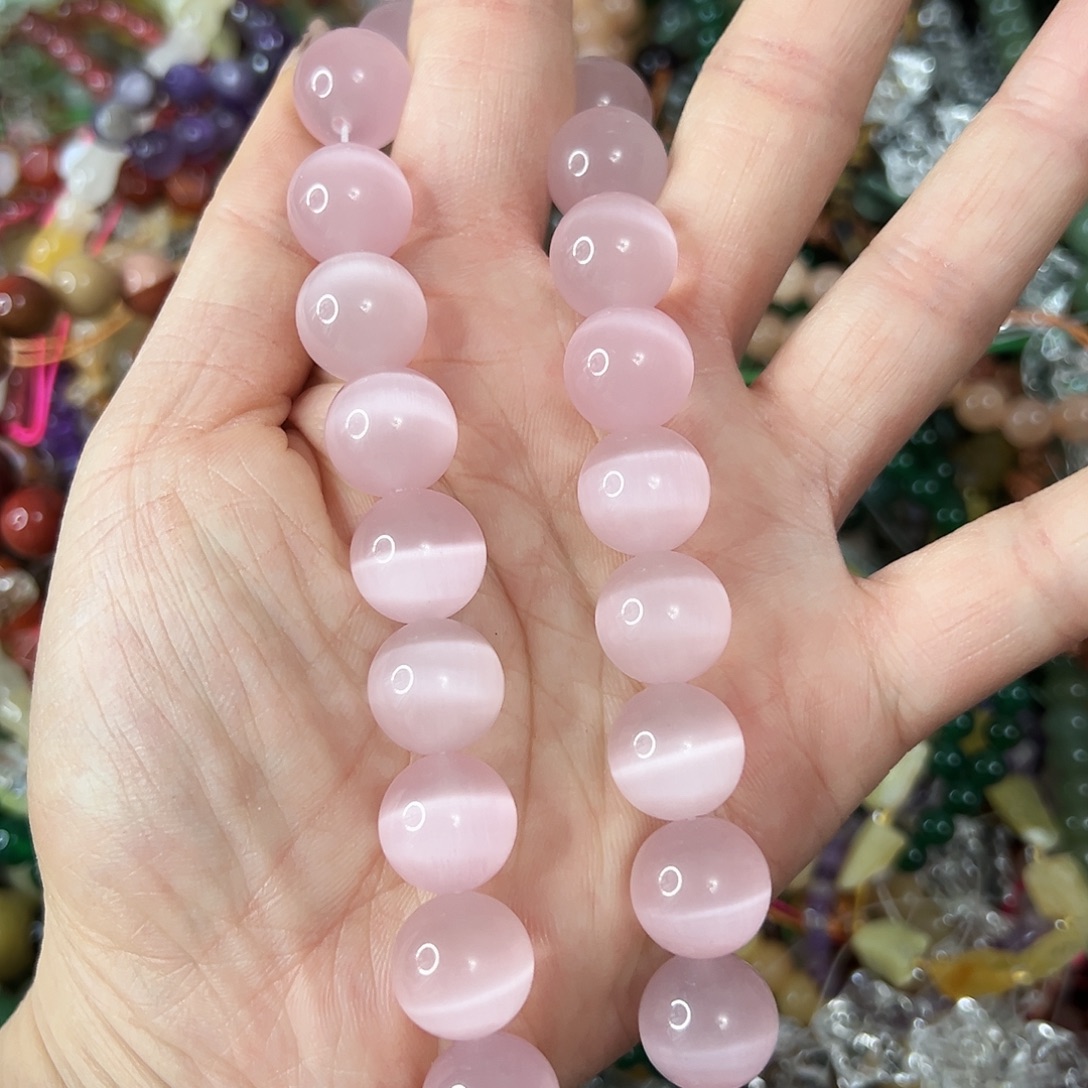 玛瑙/玉髓未镶嵌珠宝半成品，卡13浅粉色猫眼一条