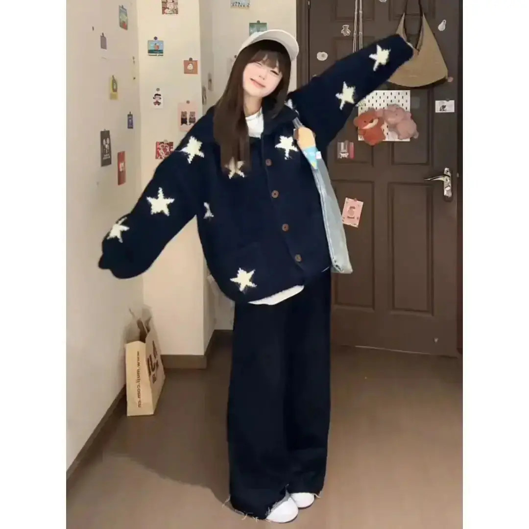 韩系复古星星毛衣外套女秋冬宽松慵懒高级松弛感粗线针织开衫上衣