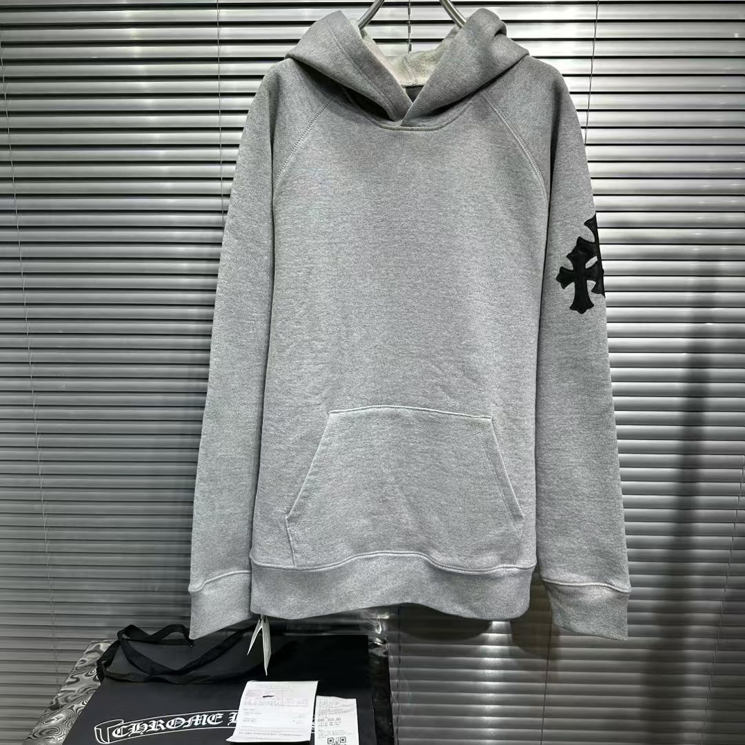 未使用 Chrome Hearts/克罗心 绸缎领标三十字拼皮灰色帽衫L码