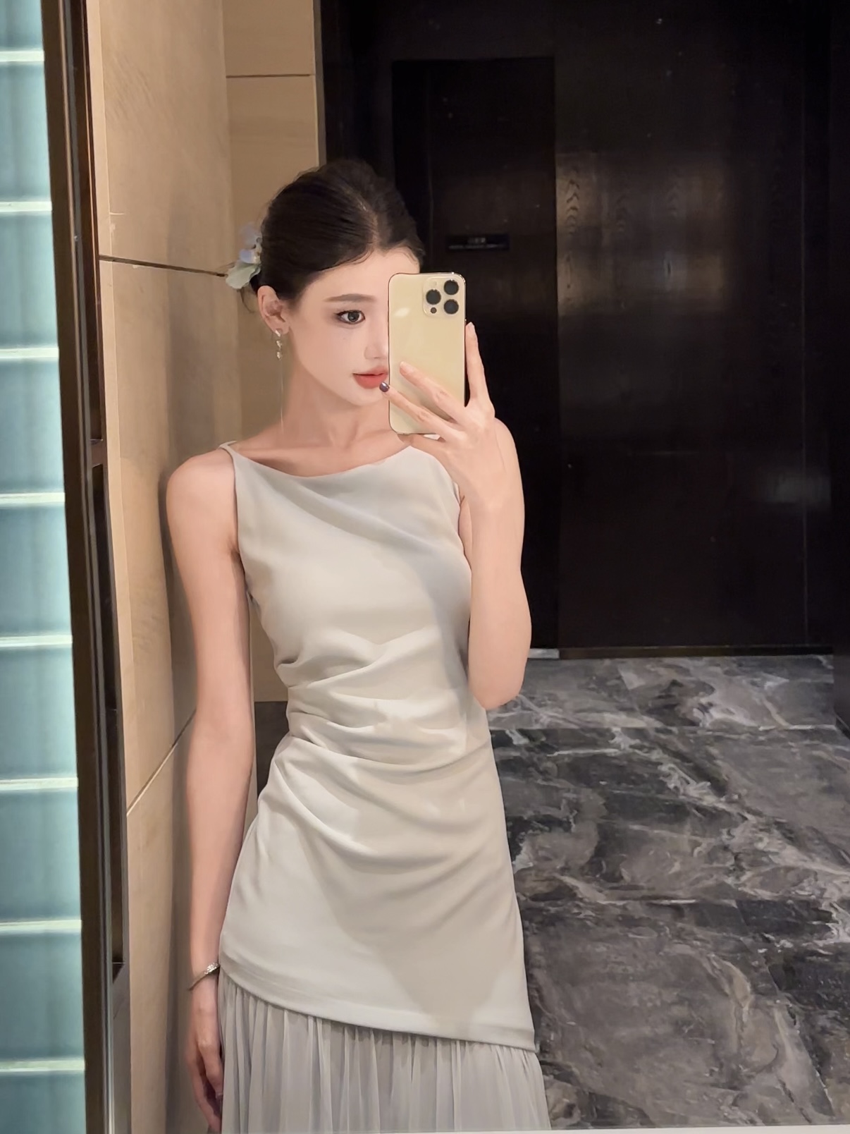 现货春日部【冰肌玉骨】优雅气质设计师雪纺拼接显瘦女士连衣裙0957