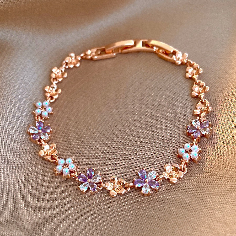 铜合金锆石手链 紫色锆石小花手链简约高级感手串手饰