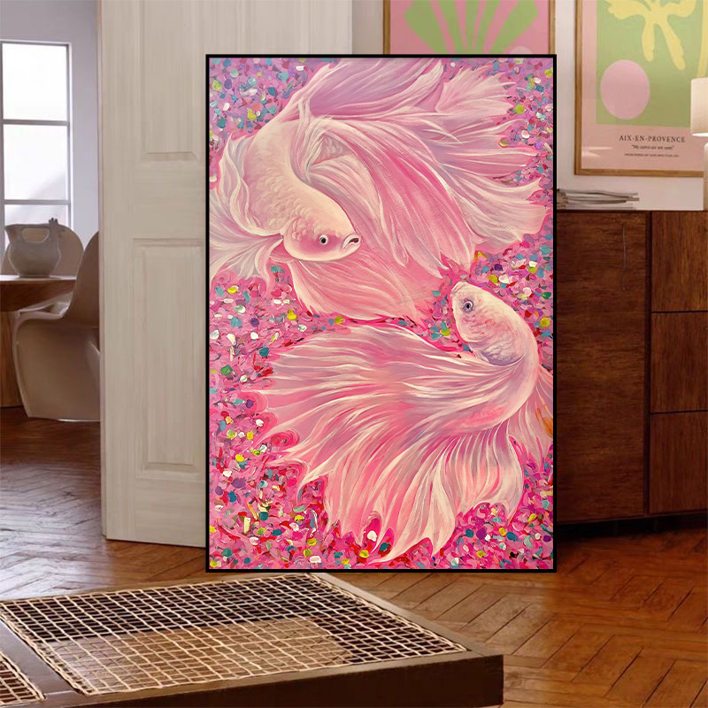 粉色锦鲤小众客厅玄关大气装饰画过道壁画书房卧室餐厅挂画Y40