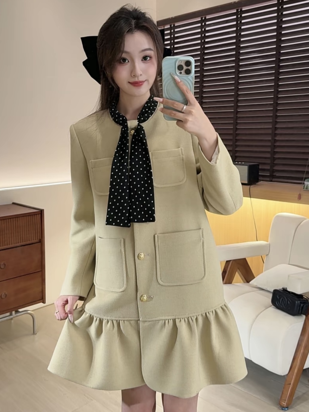 十一原创【纯欲拿铁】外套款连衣裙 丝巾领结拼接小香微胖显瘦时尚