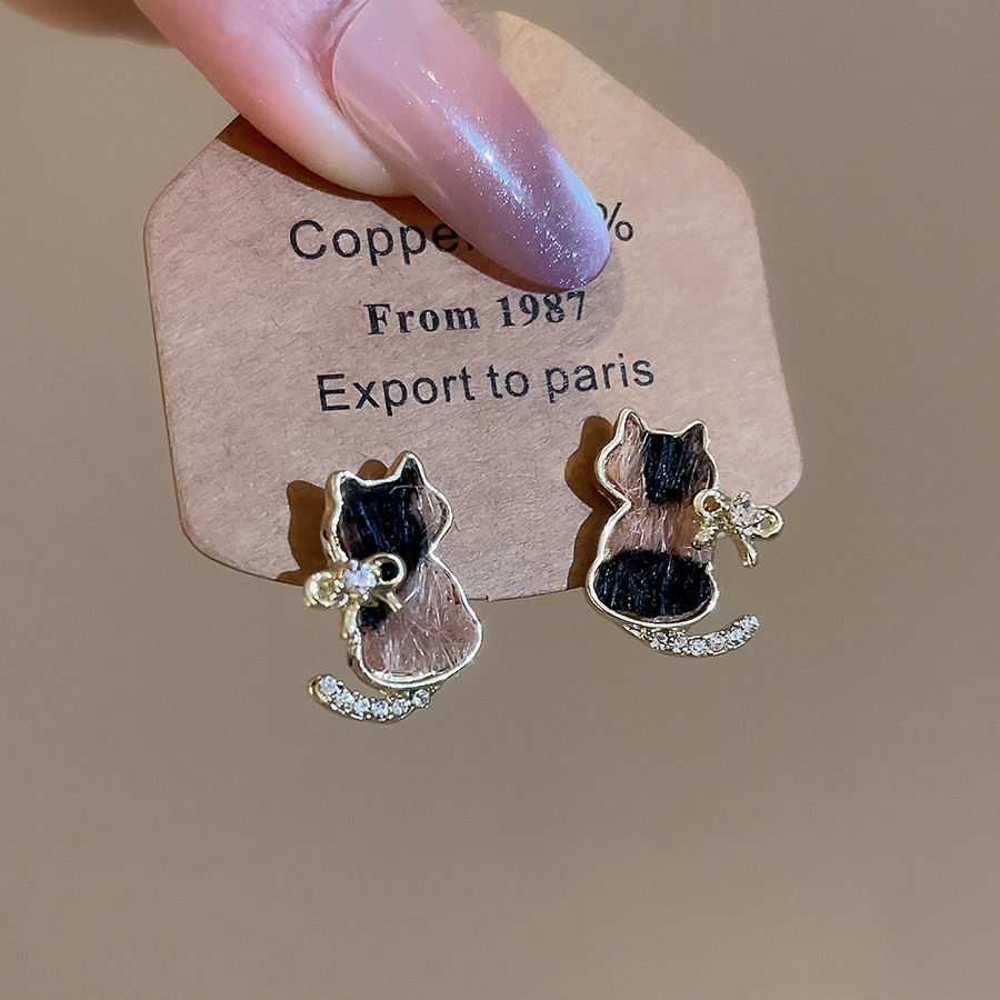 合金耳饰 日韩镶钻豹纹猫咪耳钉轻奢小巧卡通精致时尚气质耳环