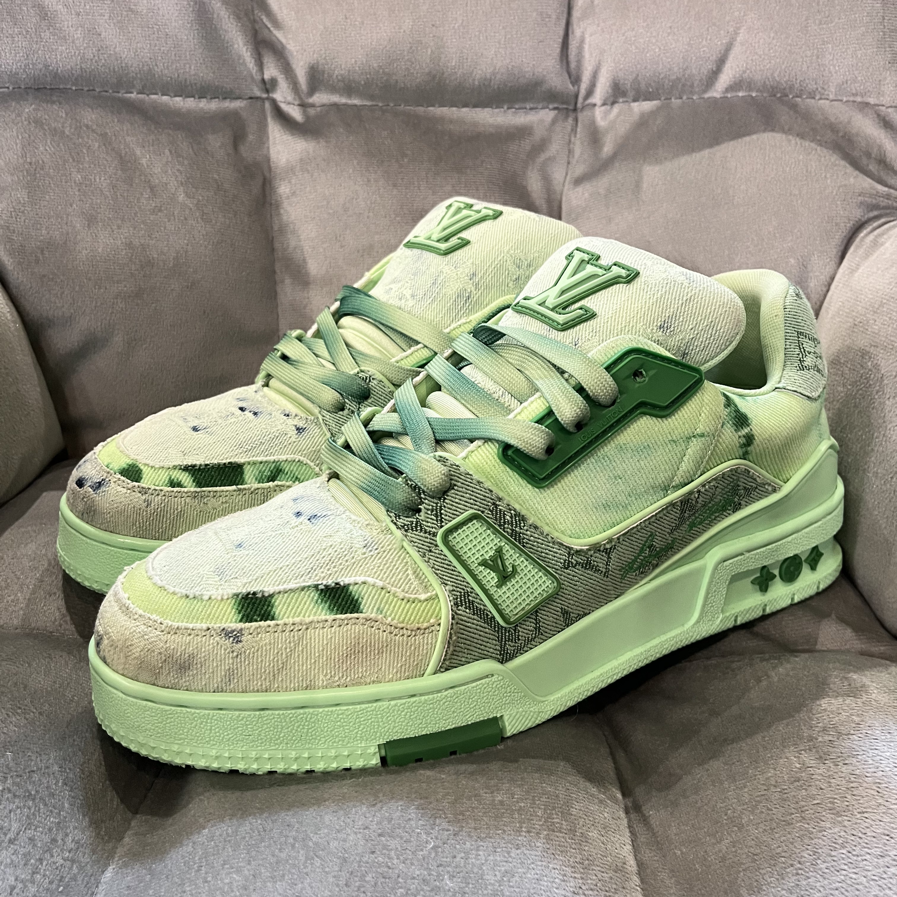 99新 LouisVuitton/路易威登 奇异果扎染绿牛仔trainer鞋