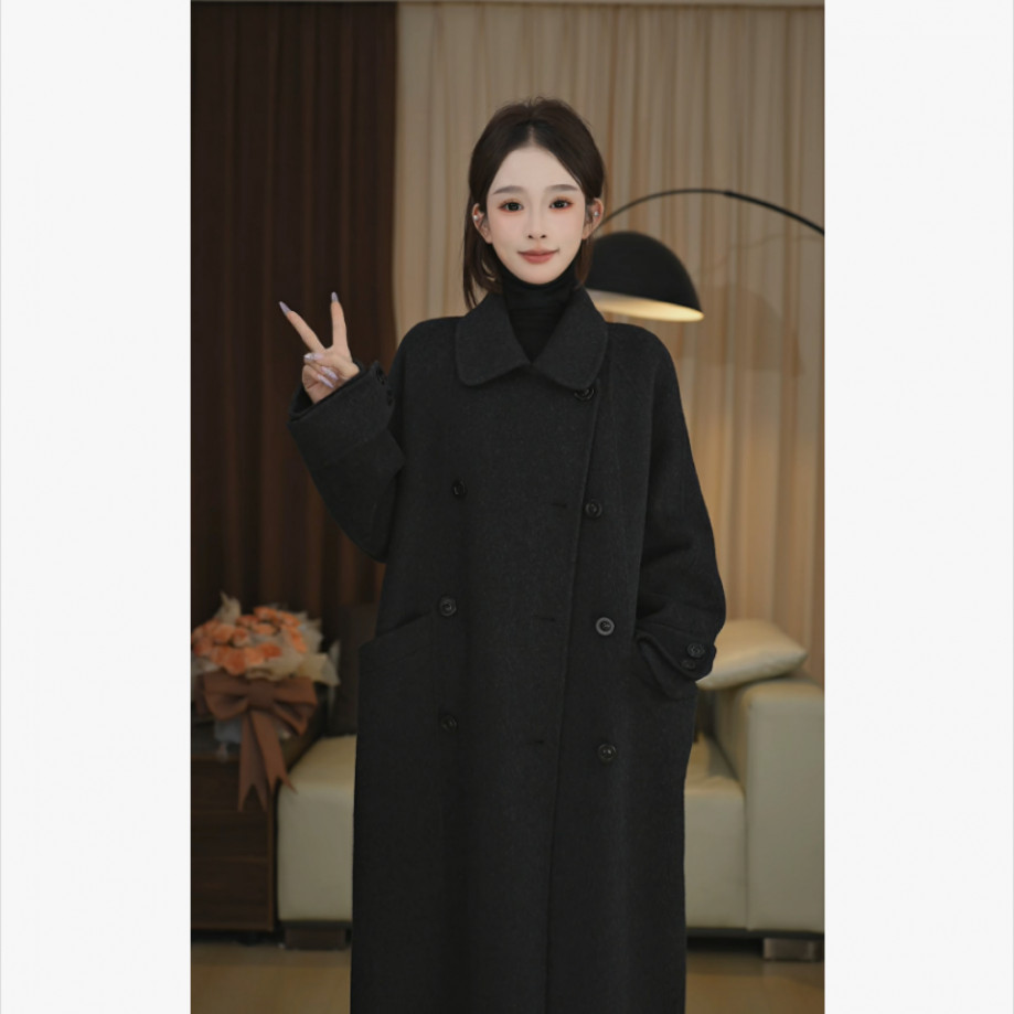 宽松大版娃娃领双排扣挽袖长款小个子韩版羊毛大衣 5518