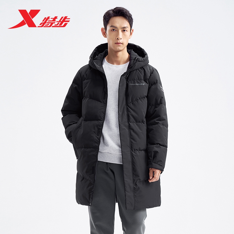 特步中长款男士羽绒服新款冬季保暖上衣运动连帽外套976429640189