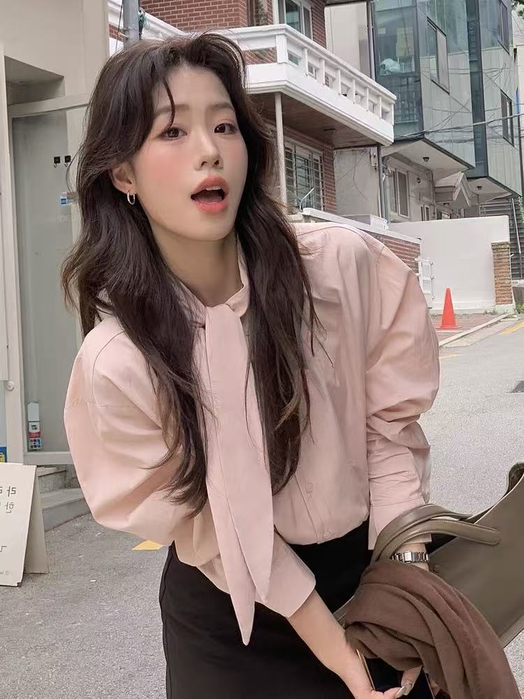 韩系温柔纯色系带长袖衬衫女2025宽松打底衬衣设计感绝美气质上衣