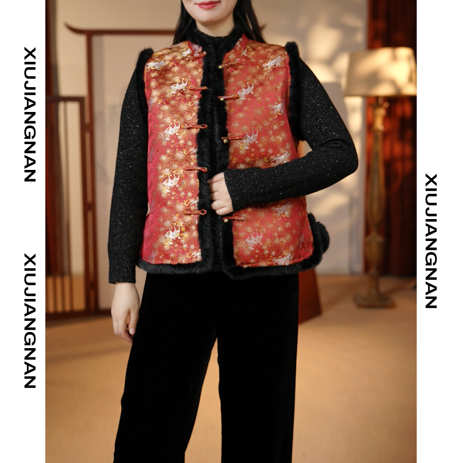 88264-新中式夹棉马夹女复古盘扣提花坎肩国风保暖无袖背心外套