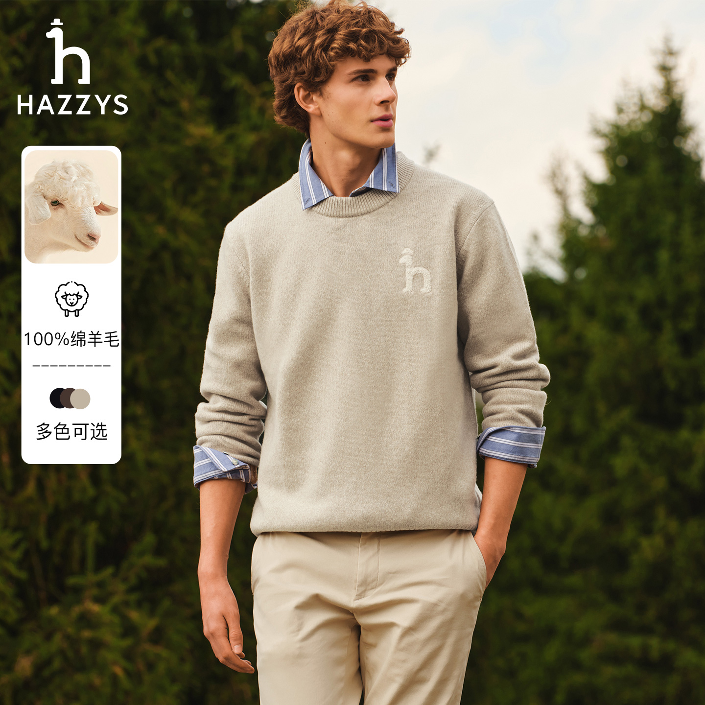 HAZZYS哈吉斯秋冬季男士羊毛衫时尚休闲老钱风针织衫轻奢套头毛衣