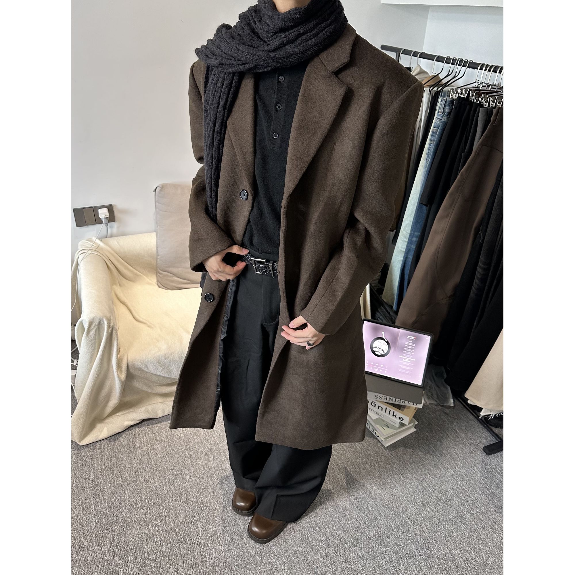 INTENT年度大衣重磅60%顺绒澳洲羊毛冬季长款加厚垫肩枪驳领外套