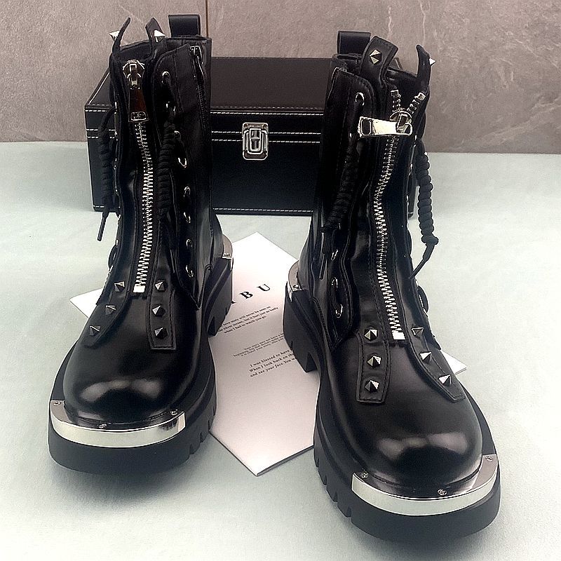 2025秋冬新款加绒真皮中筒防滑厚底高帮男机车靴鞋子男款