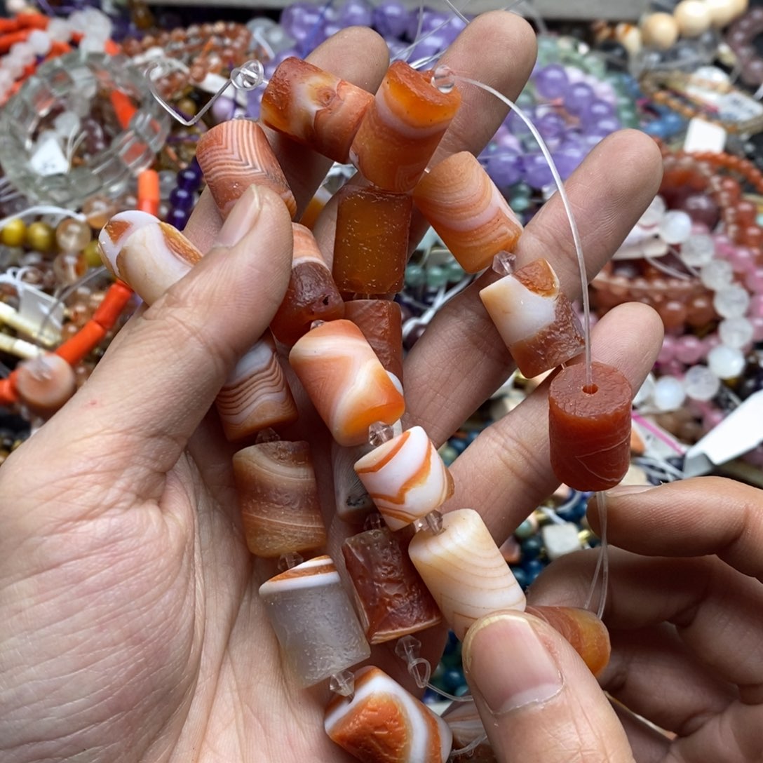 玛瑙/玉髓未镶嵌珠宝半成品三个纯天然橘皮老玛瑙桶珠