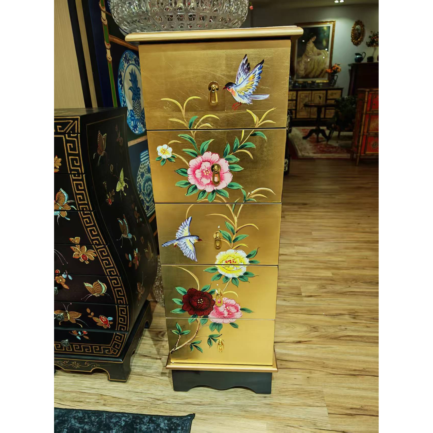 新中式花鸟装饰柜入户高奢银箔金箔五斗柜36x33x104cm