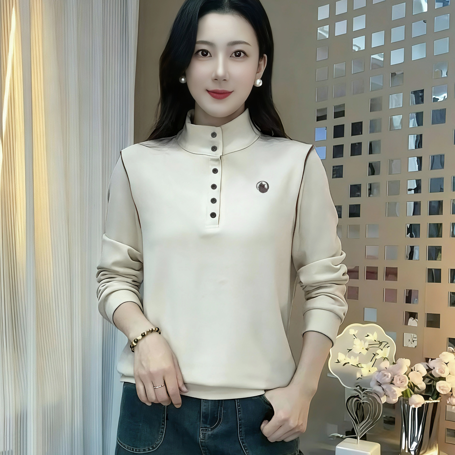 女士加厚立领打底衫秋冬新款刺绣半开扣上衣洋气休闲9593