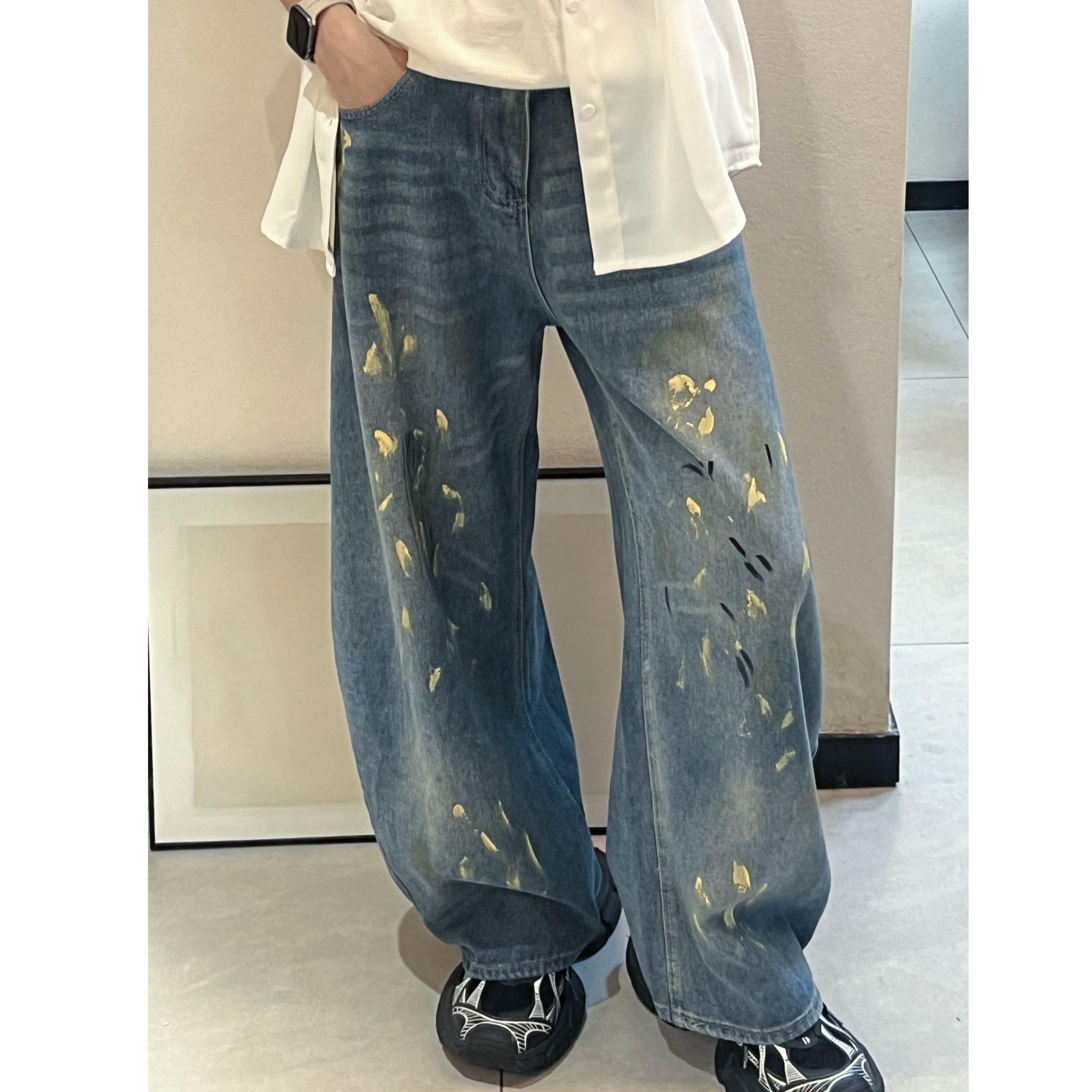 美式复古泼墨涂鸦水洗弯刀裤男夏季设计感做旧个性休闲牛仔裤潮